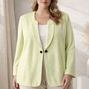 Ming Wang Green Textured Pointelle Blazer Knit Cardigan SZ 1X Old Money Office
